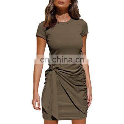 Manufacturers Wholesale Women's Irregular Dress Short Sleeve Round Neck Pleated Bow Belt Slim photo-2