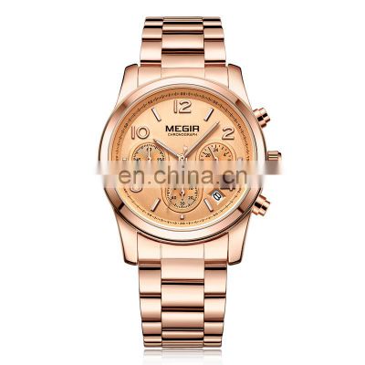 MEGIR 2057 Lady New Rose Gold Wristwatch Stainless Steel Luxury Brand Watches With Workable Dial