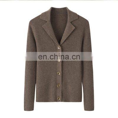 OEM & ODM Custom Solid Color Women's Pure Cashmere Cardigan Sweater Formal Knitted Polo Shirt with Button Decoration for Winter