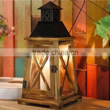 Outdoor Decor Wood Lantern With Metal Top,glass candle holder