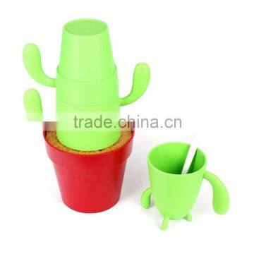 Mugs & Spoon Set 4-piece for Drinking Coffee / Tea / Beverage, Creative Cactus Shape, Plastic Stacking Small Cups Mugs for Cute photo-2