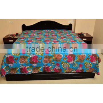 Indian Fruit Print Kantha Quilt Tropical Kantha Bed Cover