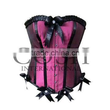 Purple Satin With Black Ribbon Frill Overbust Steel Boned Corset Ci-1132