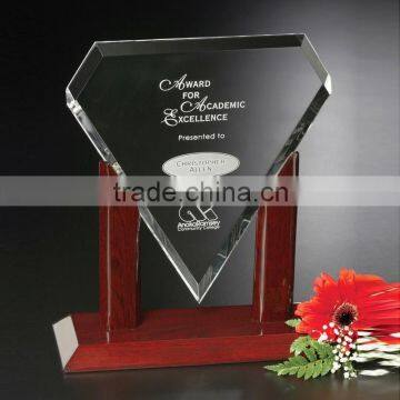 clear crystal diamond shape plaque design office gift with wood base