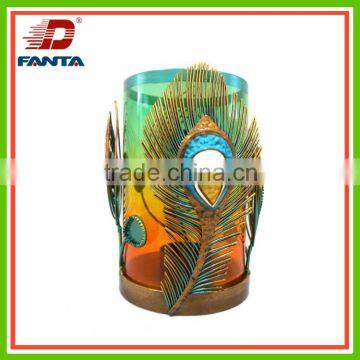 Small metal glass peacock feather tea light holder for decor