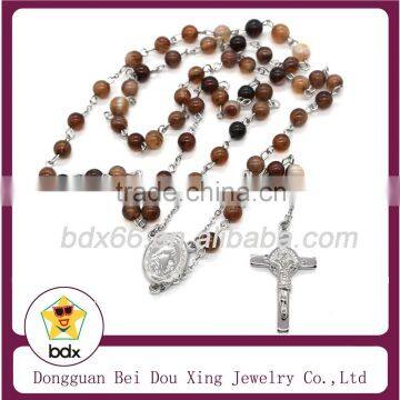 Hot Sell Catholic Gift Stainless Steel Suffering Jesus Christ Crucifix Cross Pendant 6MM Agated Rosary Beads Prayer Necklace