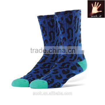 new fashion Designs 2015 Cheetah Crew cycling Socks Adult Blue Size 8-13