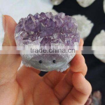 Lovely Hedgehog Amethyst Quartz Geodes Carving Animals