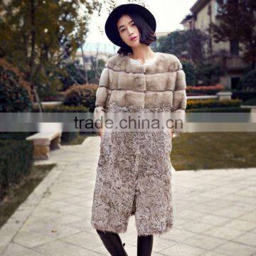 Winter Long Grey Mink and Kalgan Fur Coat with Three-quarter Sleeve for Fashion Ladies