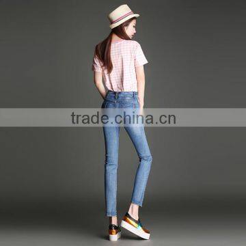 2016 Summer Fashion Women Ankle Length Pencil Pants High Waist Patch Destroyed Skinny Light Blue Jeans Woman