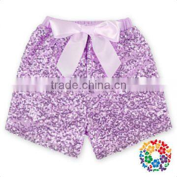 Lavender Color Baby Girl Sequin Shorts Wholesale Girls Summer Shorts With Light Purple Ribbon Bow On The Front