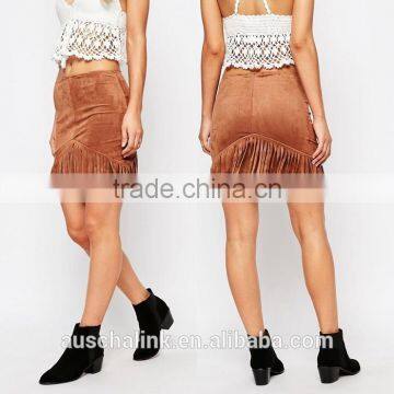 High Rise Nice Design Women Slim Fit Fringe Brown Suede Skirt photo-5