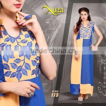 Blue Color block Designer Embroidery Kurti/latest kurti designs/jeans kurti tops/lady kurti