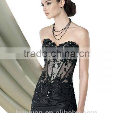 Black Satin Beaded Long Sleeved Evening Gowns photo-2