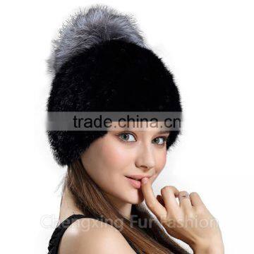 CX-C-206B Fox Fur Ball Mink Fur Knitted Winter Pompom Hat
