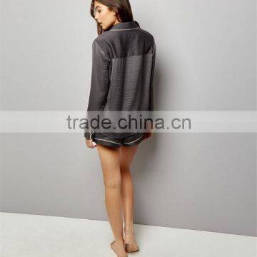 MGOO Women White Piping Pajamas Set Button Up Satin Pyjama Set Long Sleeve Top With Shorts Sleepwear photo-3