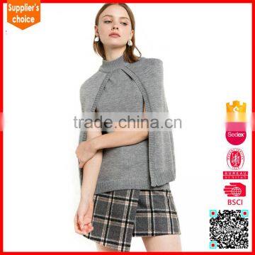 Latest design roll neck sleeveless lady's cashmere cape sweater