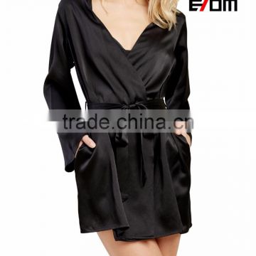 Customize ladies luxury silk satin knee length robe, robe de soiree,sexy long sleeve kimono robe 2017014-1