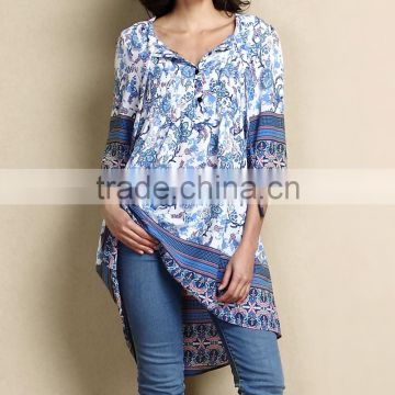 2016 New Women Blouse With White And Blue Floral Chiffon Hi-Low Tunic Women Tops Women Wear GD90426-19