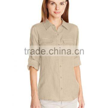Red Roll-Sleeve Top Button Tab Two Pocket Flaps Work Shirt photo-2