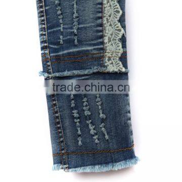 Cheap New Style Fray Hem Comfortable Light Blue Lace Stitched Slim Fit New Design Jeans for Girls photo-5