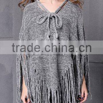 2017 Ladies Stylish Custom Made Tassels Hem Pullover Sweater Poncho With Best Quality photo-2