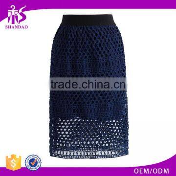 2016 Guangzhou Shandao New Arrival Summer Fashion Design Plain Dyed Navy Knee Length Net Cotton Skirt Women