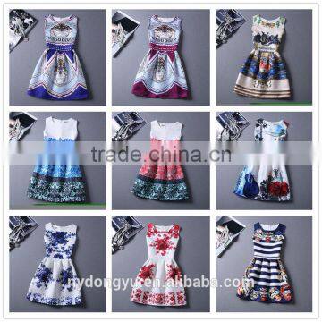 multi color girl flower printed princess holiday dress/ girl sleeveless knee length princess dress/new design girl printed dress