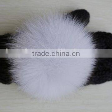 Black soft knitted glove with fox fur / Fleece gloves in winter/ Warm thick gloves