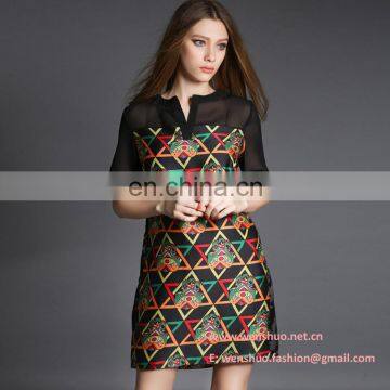 High Qulaity Printed Imitation Silk Short Sleeve Ladies Dress photo-2