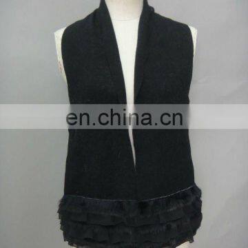 Ladies Black Knitting Scarf With Real Rabbit&Chiffon Trim Knitting Scarf For Women(Style:#B060)