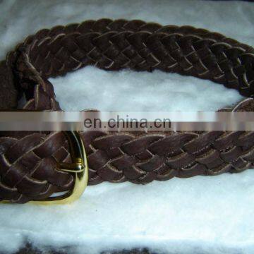 Bison leather braided belt with a solid brass center bar buckle