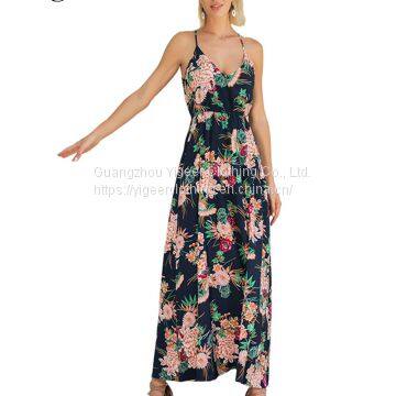 Sleeveless Floral Printed V-neck Long Maxi Dress