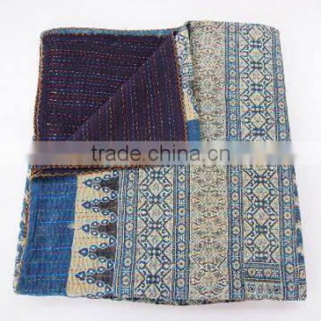 Organic Vegetable Ajrakh Prints Quilt Handmade Jaipuri Hand Block Indigo Kalamkari Printed Kantha Quilt Throw Bedspreads