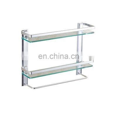 GF017 BATHROOM 2-TIER GLASS SHELF WITH RAIL ALUMINUM and TOWEL BAR