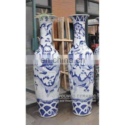 Tall Blue White Porcelain Oriental Dragon Vases With Hand Carved/Relief Craft H55' & H64'