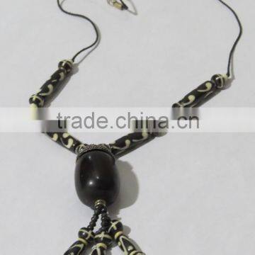 Handmade Bone Horn Charm Necklace Tribal Art Beaded Jewelry photo-2