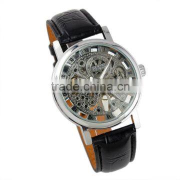 New Men's Black Leather Luxury Skeleton Dial Hand-Wind Up Mechanical Wrist Watch