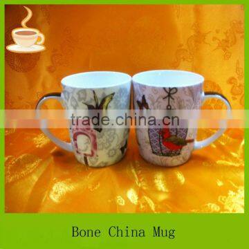 round shape porcelain tea / beer mug with bird printing, unique designs tea cup, big coffee mug