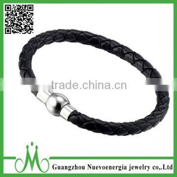 Beauty Bead Design Stainless Steel Magnetic Clasp Simple PU Leather Men Bracelet Braided Bangle