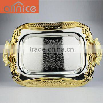 Hot Selling Hotel Items Serving Tray Silver Plating With Gold Edge/ss410 With Zine-alloy Handles Serving Tray photo-6