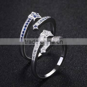 White Copper Five Star Open Ring Blue Gemstone Setting Finger Ring New Model Wedding Ring