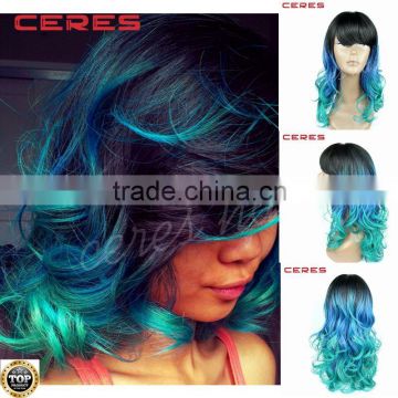 galaxy hair black blue gree three tones ombre synthetic wig 17inch heat resistant fiber colorful celebrity cosplay wig