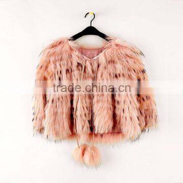 Wholesale Women Winter Pink Knitted Raccoon Fur Shawl with Round Collar and Fur Balls