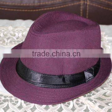 Trendy purple jaquard fedora hat with black shining ribbon