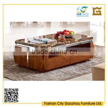 modern marble top wood base coffee table with metal edge banding