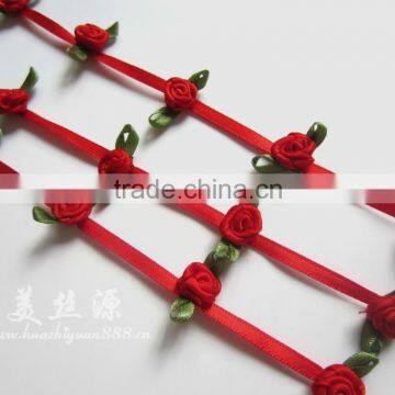 Mini Satin Ribbon Rose Trim With Leaves photo-3