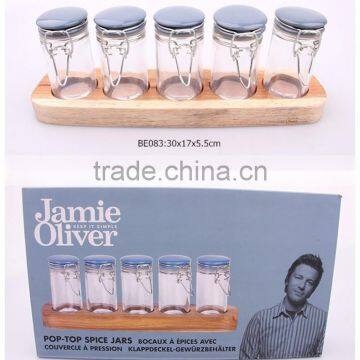 5pcs glass jar set in a wooden bunk