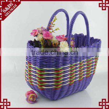 Plastic wicker woven home sundries storage basket vegetable shopping hand basket
