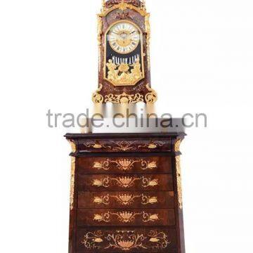 Home Decortive Brass Inlaid Clock With Wooden Chest of Drawers, Antique Table clock With Cabinet, Gold & Red Antique Floor Clock